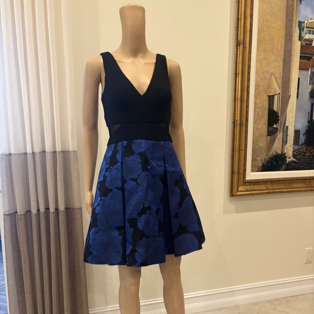 Xscape Blue and Black Fit-and Flare Cocktail Dress with Side Cutouts - Size 4
